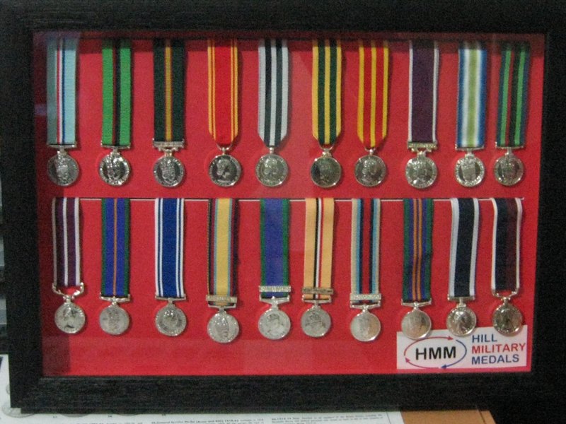 FRAMED MINIATURE MEDAL DISPLAY SET OF 20 CURRENT MEDALS. Hill
