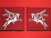 PAIR OF AIRBORNE DIVISION BADGES PEGASUS FORMATION DROP ZONE DZ BADGE LIGHT BLUE ON MAROON LEFT AND RIGHT FACING